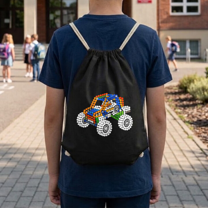 Auto zo stavebnice z bodiek - deň bodky - vak na chrbát s potlačou - inšpirované LEGO Technic