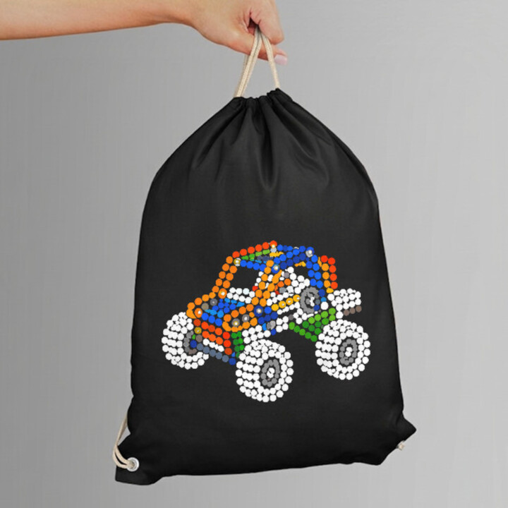 Auto zo stavebnice z bodiek - deň bodky - vak na chrbát s potlačou - inšpirované LEGO Technic