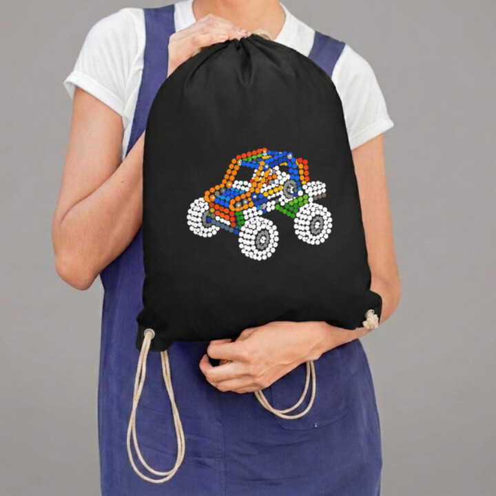 Auto zo stavebnice z bodiek - deň bodky - vak na chrbát s potlačou - inšpirované LEGO Technic