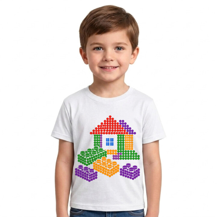Domček zo stavebnice z bodiek - deň bodky - detské tričko s potlačou - inšpirované kockami LEGO
