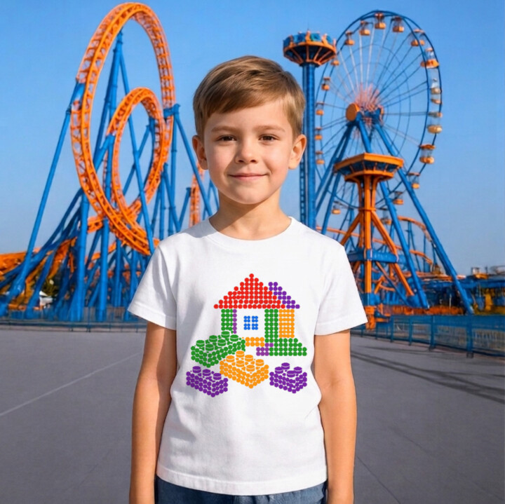 Domček zo stavebnice z bodiek - deň bodky - detské tričko s potlačou - inšpirované kockami LEGO