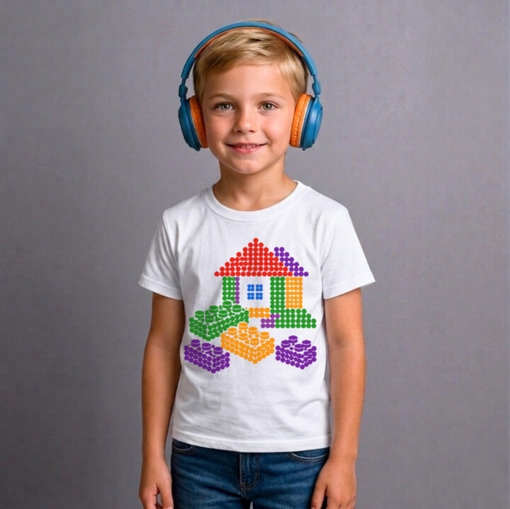 Domček zo stavebnice z bodiek - deň bodky - detské tričko s potlačou - inšpirované kockami LEGO
