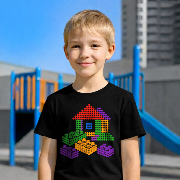 Domček zo stavebnice z bodiek - deň bodky - detské tričko s potlačou - inšpirované kockami LEGO