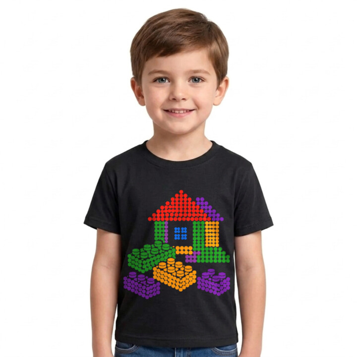 Domček zo stavebnice z bodiek - deň bodky - detské tričko s potlačou - inšpirované kockami LEGO