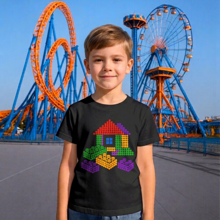 Domček zo stavebnice z bodiek - deň bodky - detské tričko s potlačou - inšpirované kockami LEGO