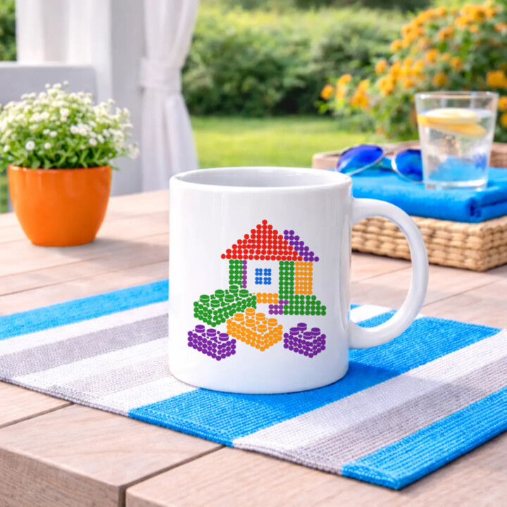 Domček zo stavebnice z bodiek - deň bodky - keramický hrnček s potlačou - inšpirované kockami LEGO