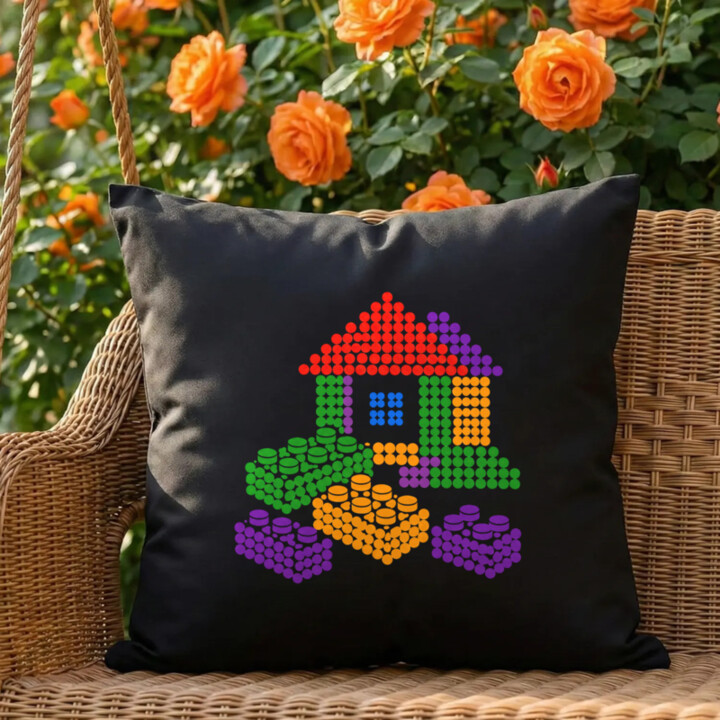Domček zo stavebnice z bodiek - deň bodky - čierny vankúš s potlačou - inšpirované kockami LEGO