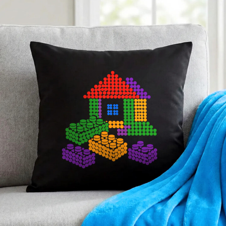 Domček zo stavebnice z bodiek - deň bodky - čierny vankúš s potlačou - inšpirované kockami LEGO