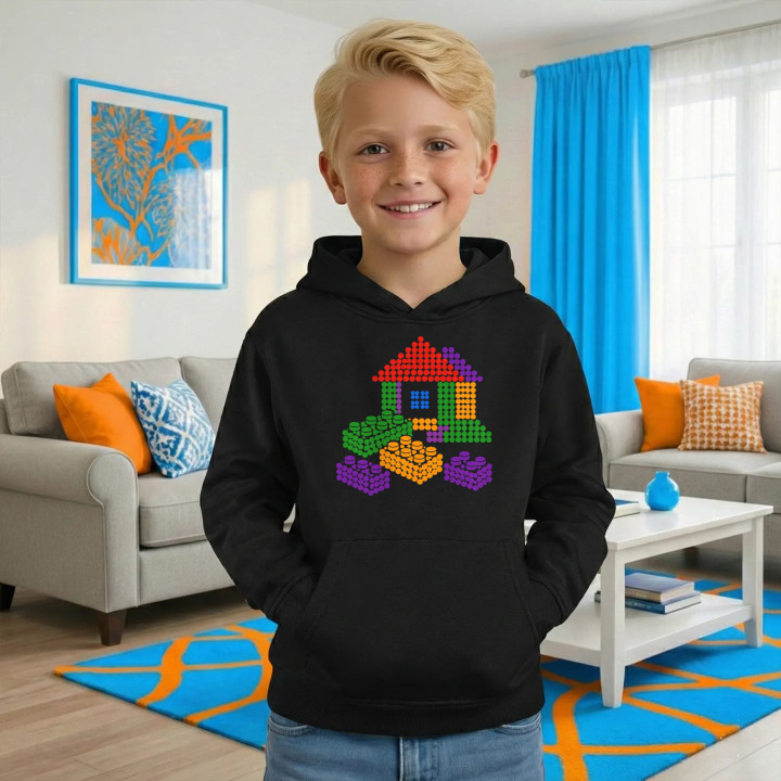 Domček zo stavebnice z bodiek - deň bodky - detská mikina s potlačou - inšpirované kockami LEGO