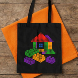 Domček zo stavebnice z bodiek - deň bodky - bavlnená taška s potlačou - inšpirované kockami LEGO