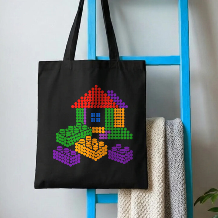 Domček zo stavebnice z bodiek - deň bodky - bavlnená taška s potlačou - inšpirované kockami LEGO