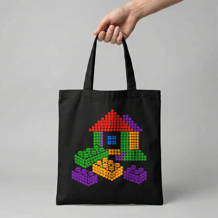 Domček zo stavebnice z bodiek - deň bodky - bavlnená taška s potlačou - inšpirované kockami LEGO