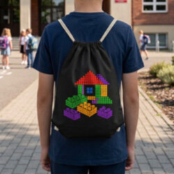 Domček zo stavebnice z bodiek - deň bodky - vak na chrbát s potlačou - inšpirované kockami LEGO