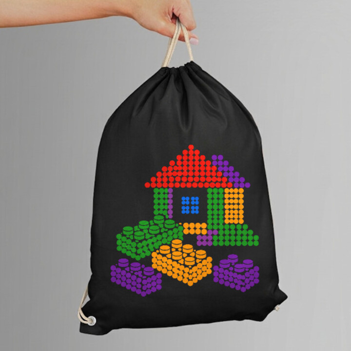 Domček zo stavebnice z bodiek - deň bodky - vak na chrbát s potlačou - inšpirované kockami LEGO