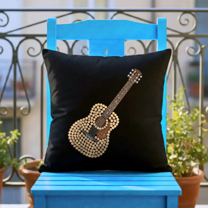 Akustická gitara z bodiek - deň bodky - čierny vankúš s potlačou