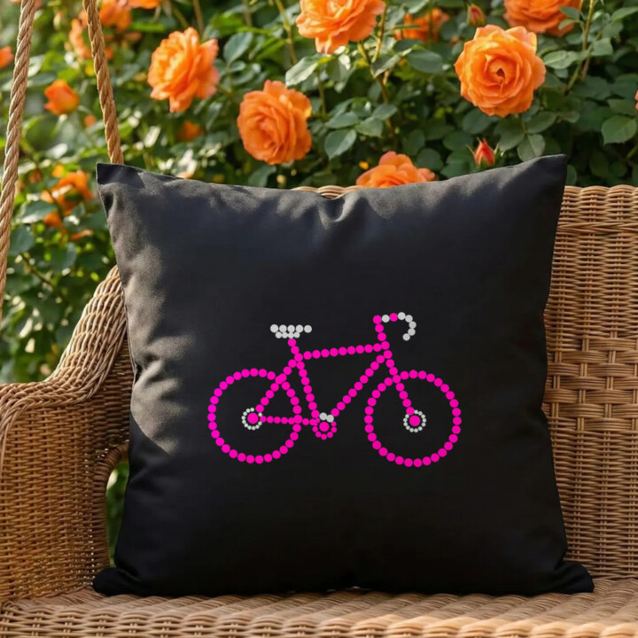Ružový bicykel z bodiek - deň bodky - čierny vankúš s potlačou