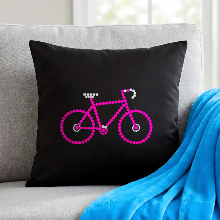 Ružový bicykel z bodiek - deň bodky - čierny vankúš s potlačou