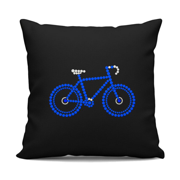 Modrý bicykel z bodiek - deň bodky - čierny vankúš s potlačou