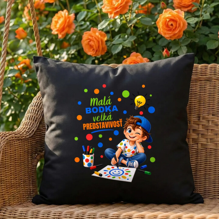 Malá bodka veľká predstavivosť - deň bodky - čierny vankúš s potlačou