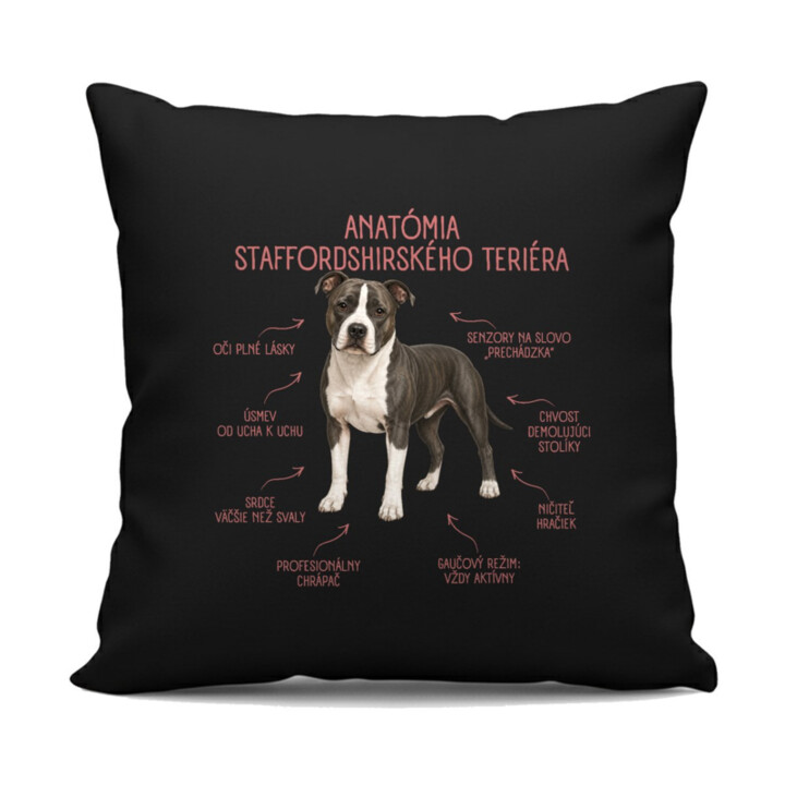 Anatómia staffordshirského teriéra - čierny vankúš s potlačou