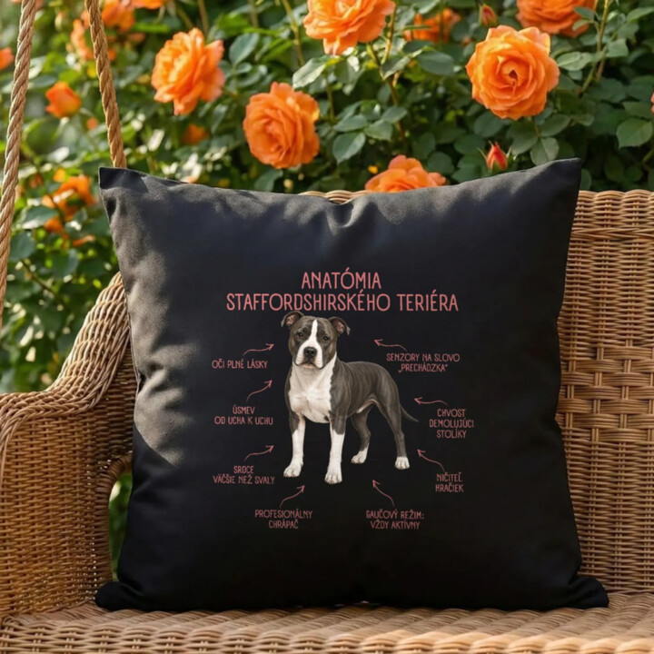 Anatómia staffordshirského teriéra - čierny vankúš s potlačou
