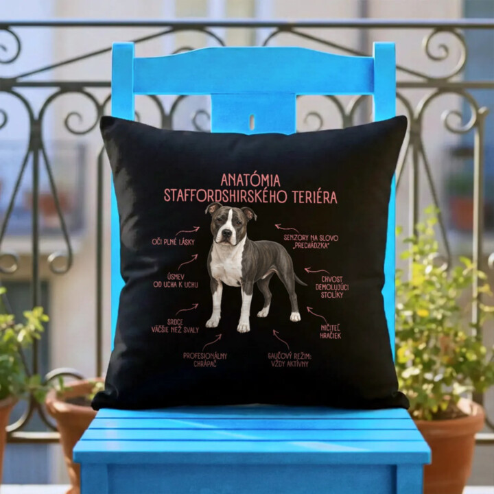 Anatómia staffordshirského teriéra - čierny vankúš s potlačou