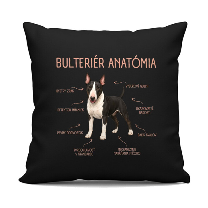 Anatómia bulteriéra - čierny vankúš s potlačou
