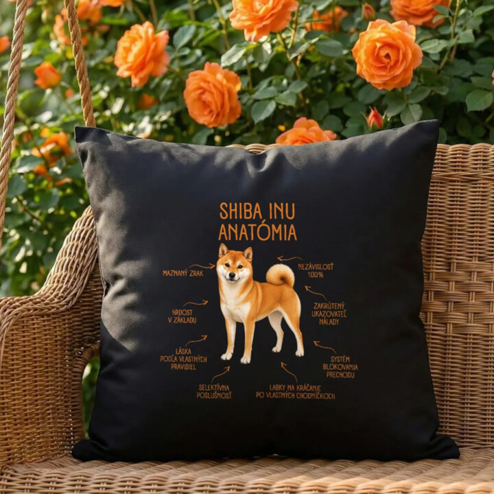 Anatómia shiba inu - čierny vankúš s potlačou