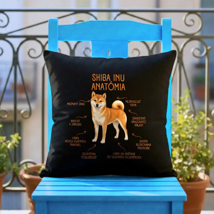 Anatómia shiba inu - čierny vankúš s potlačou