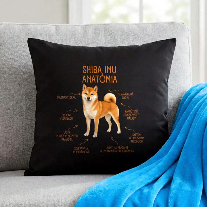Anatómia shiba inu - čierny vankúš s potlačou