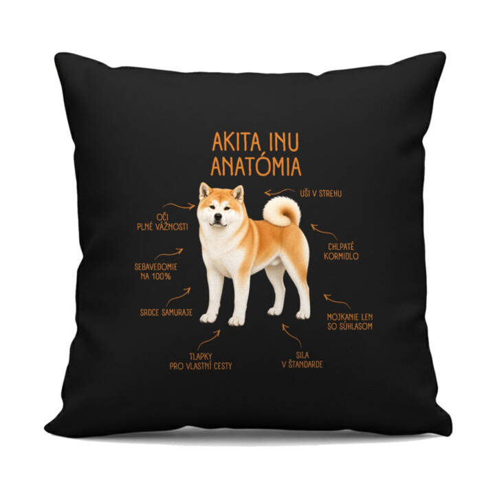 Anatómia akita inu - čierny vankúš s potlačou