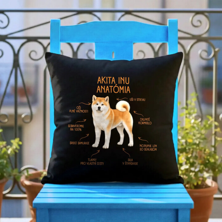 Anatómia akita inu - čierny vankúš s potlačou
