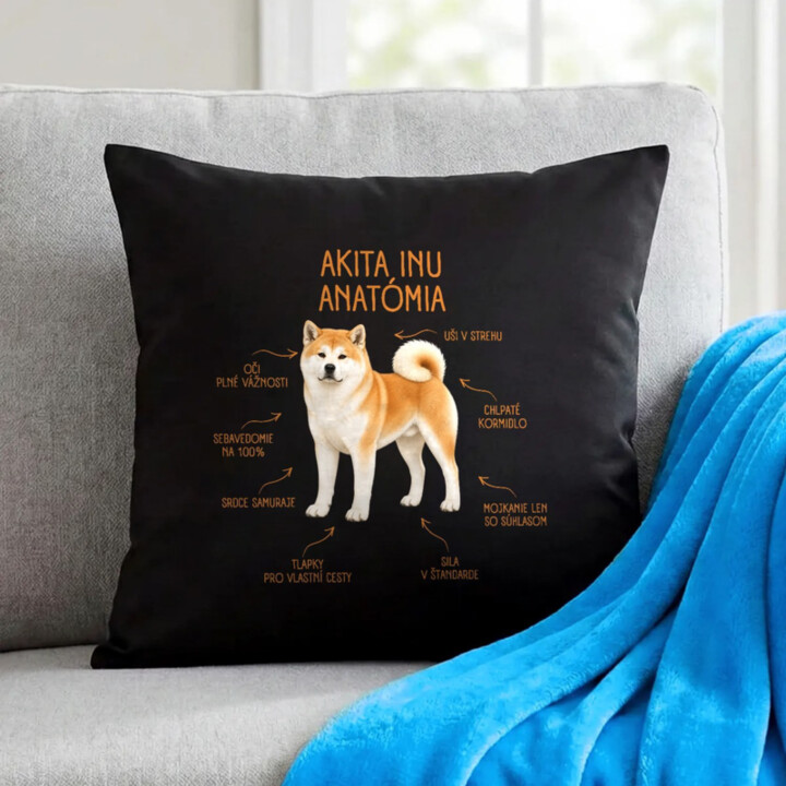 Anatómia akita inu - čierny vankúš s potlačou