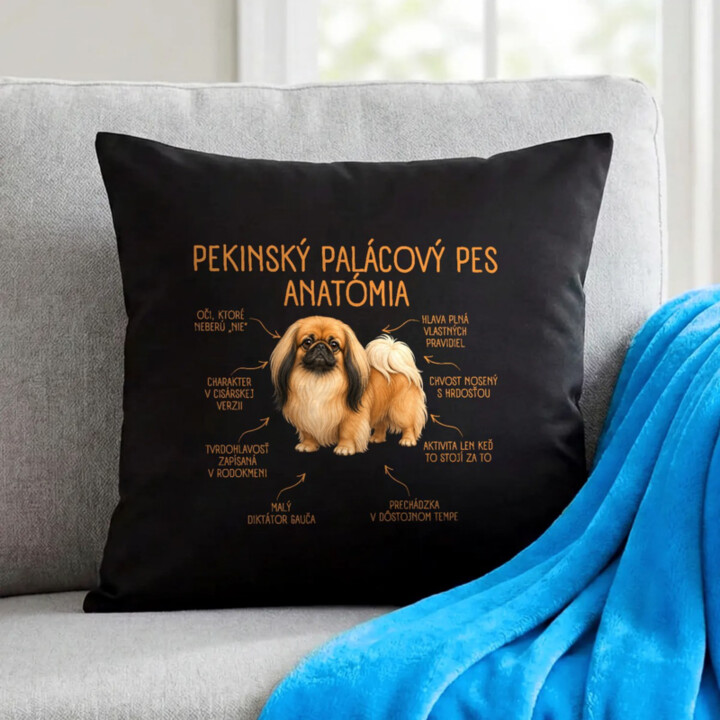 Anatómia pekinského palácového psa - čierny vankúš s potlačou