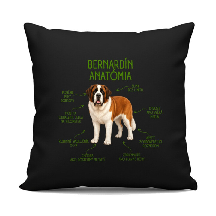 Anatómia bernardína - čierny vankúš s potlačou