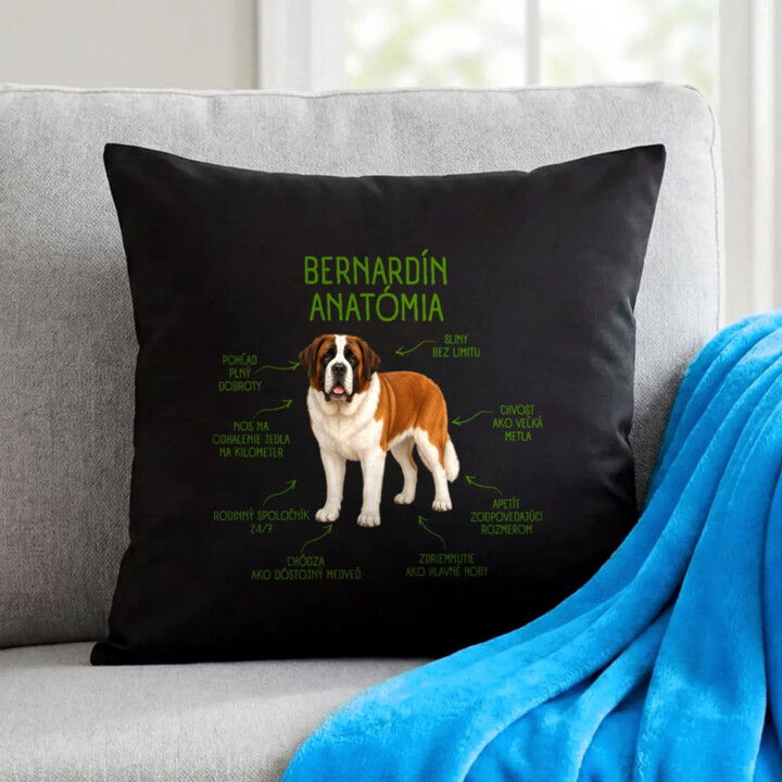 Anatómia bernardína - čierny vankúš s potlačou
