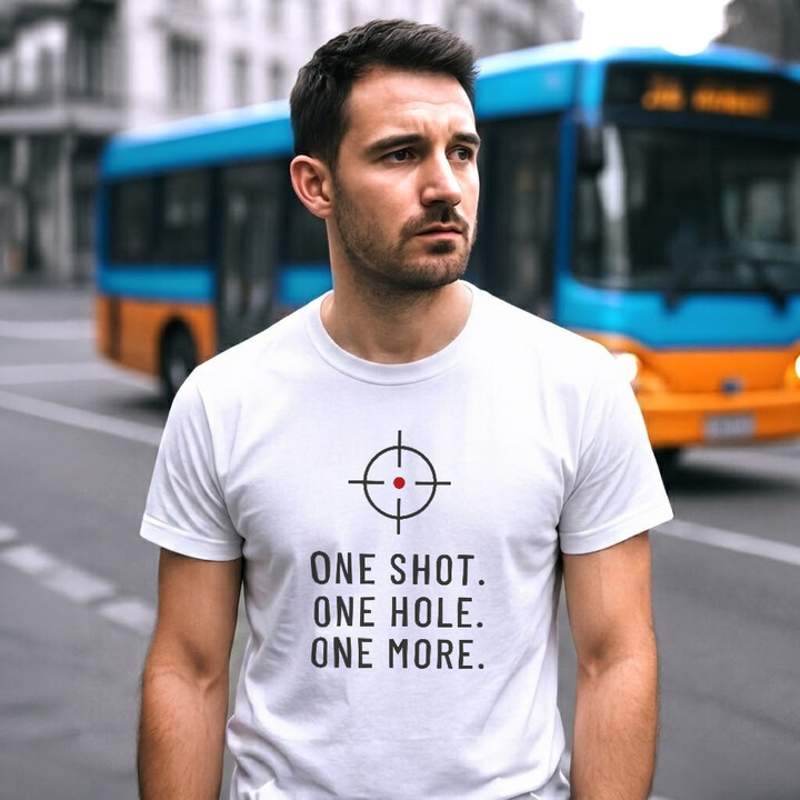 One shot. One hole. One more. - pánske tričko pre strelca