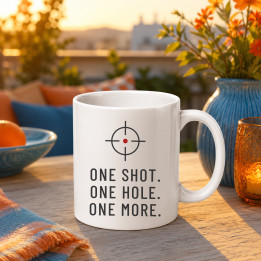 One shot. One hole. One more. - keramický hrnček pre strelca