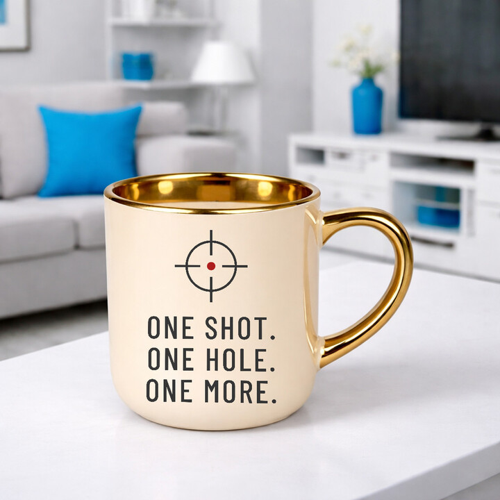 One shot. One hole. One more. - elegantný hrnček pre strelca