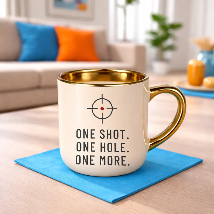 One shot. One hole. One more. - elegantný hrnček pre strelca