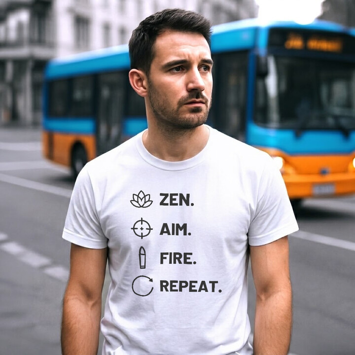 Zen. Aim. Fire. Repeat. - pánske tričko pre strelca
