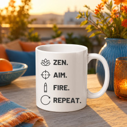 Zen. Aim. Fire. Repeat. - keramický hrnček pre strelca