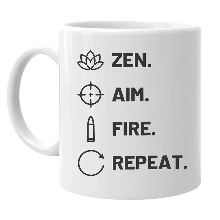 Zen. Aim. Fire. Repeat. - keramický hrnček pre strelca