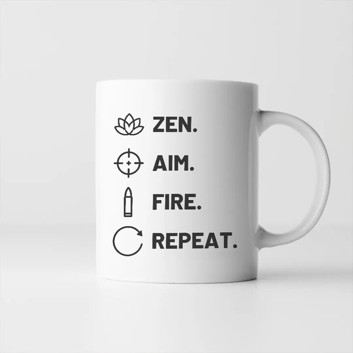 Zen. Aim. Fire. Repeat. - keramický hrnček pre strelca