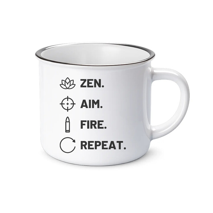 Zen. Aim. Fire. Repeat. - smaltovaný hrnček pre strelca