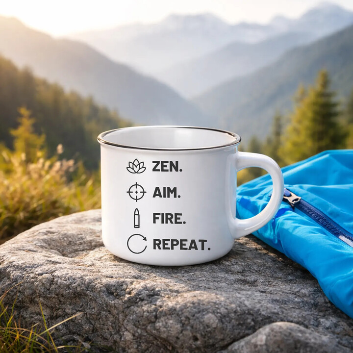 Zen. Aim. Fire. Repeat. - smaltovaný hrnček pre strelca