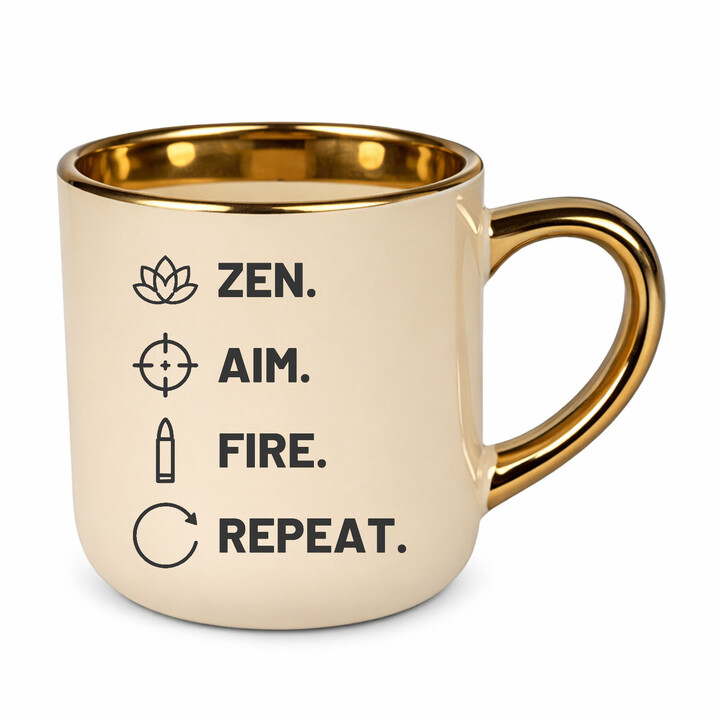 Zen. Aim. Fire. Repeat. - elegantný hrnček pre strelca