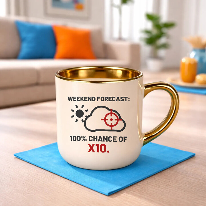 Weekend forecast: 100% chance of X10 - elegantný hrnček pre strelca