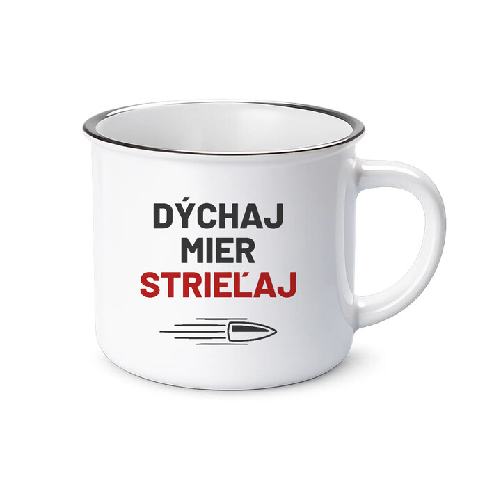 Dýchaj, mier, strieľaj - smaltovaný hrnček pre strelca