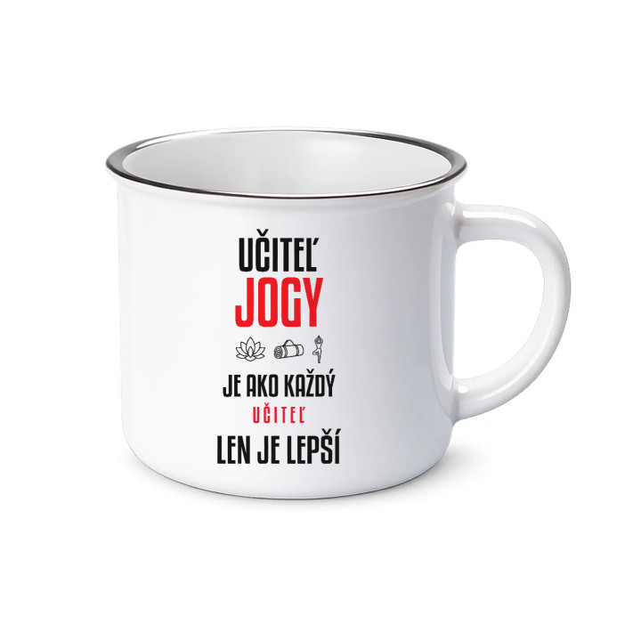 Učiteľ jogy je ako každý učiteľ, len je lepší - smaltovaný hrnček s potlačou